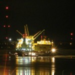 The transfer of cargo continues into the night as the M/V MSC Sabrina is lightened.