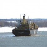 With a lightened load, the M/V MSC Sabrina waits for her final rescue from the hard clay of the St. Lawrence River.