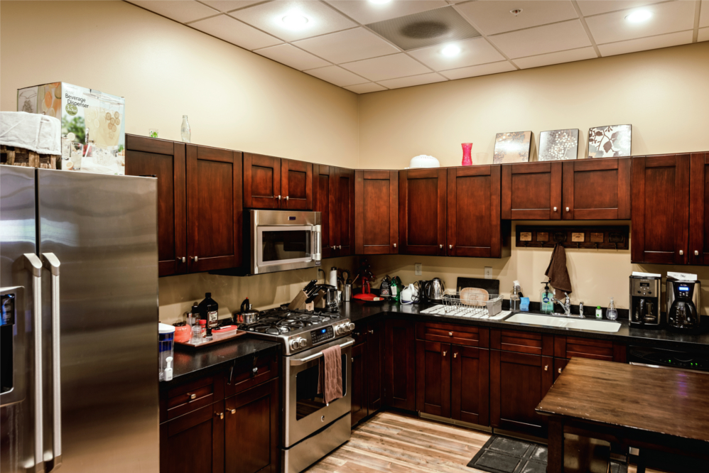 The full kitchen available in Trade Risk Guaranty's office in Downtown Bozeman, Montana.