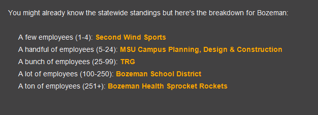 The 2017 results for the Bozeman Commuter Challenge with Trade Risk Guaranty winning in their division.