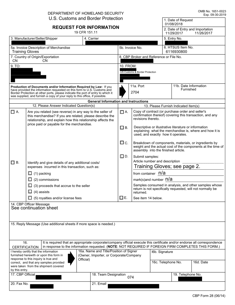 customs form 28 is a request for more information