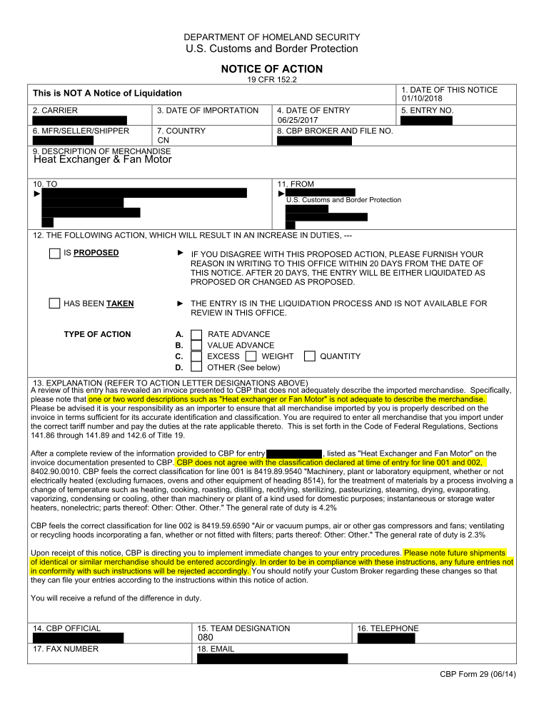 customs form 29 us a notice of action